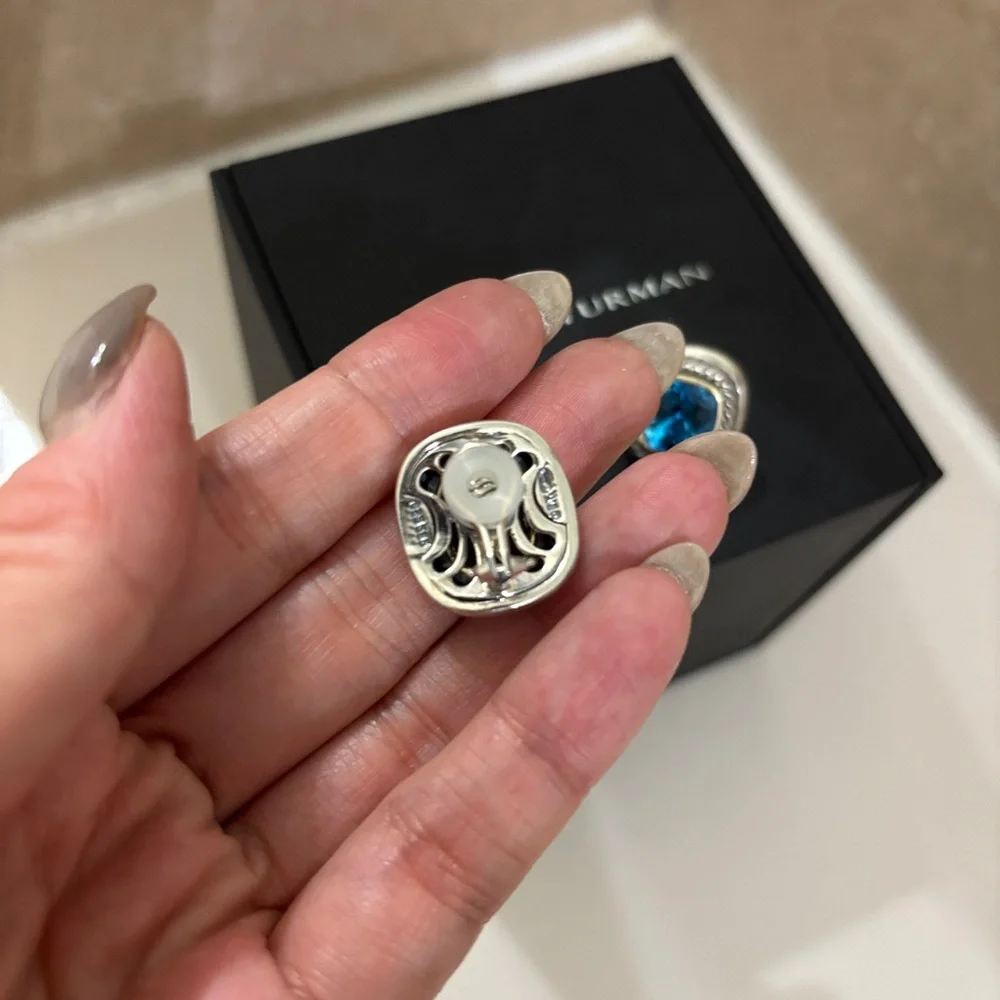 David Yurman Sterling Silver 925 14k Gold Blue Topaz Albion Earrings - Picture 4 of 7